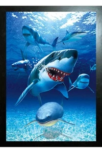 ATAQUE DE TIBURONES ENMARCADO NEGRO - IMPRESIÓN DE IMAGEN 325mm x 425mm - Imagen 1 de 2