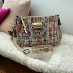 EUC Coach Signature Poppy Madras Swing Pack Pink Plaid Canvas Crossbody - Picture 1 of 16