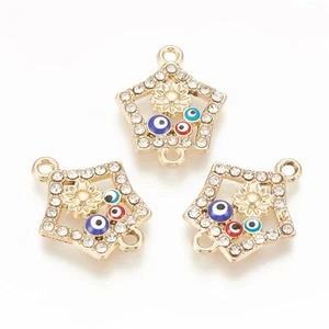 Lot of 5 Alloy Rhinestone Links Connectors With Enamel Pentagram With Evil Eye - Picture 1 of 2