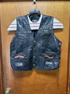 Black Leather Motorcycle Vest Buffalo Leather Diamond Plate Biker Patches Sz 3XL - Picture 1 of 15