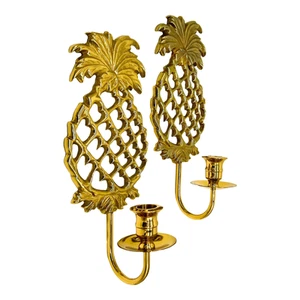 Pair Virginia Metalcrafters Brass Pineapple Wall Sconces Contemporary Colonial - Picture 1 of 7