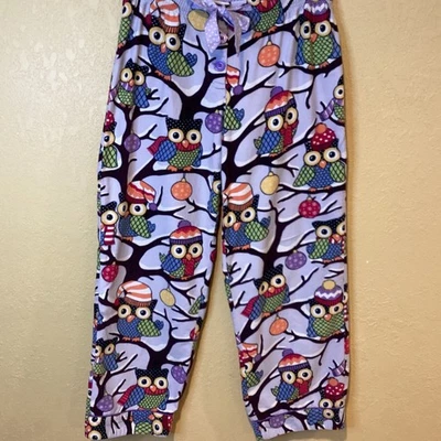 Pantalones de pijama de franela vintage Nick & Nora para mujer talla pequeña tema búho púrpura Foto 1 de 4