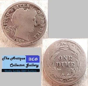 Antik 1907 S⌛US San Francisco Mint Silber Barber Dime🪙Wie abgebildet🪙 - Bild 1 von 6