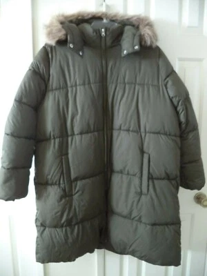 Old Navy Olive 3/4 长度人造毛皮帽拉链前缓冲夹克外套 2X 18 20 XXL — 第 1/4 张图片