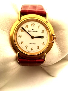 Catena Womens Vintage Slim Swiss Made Quartz Date Leather Strap Watch H680 - Picture 1 of 11