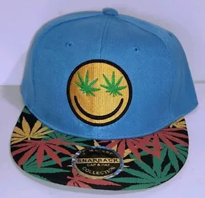 Blue Smiley Face Marijuana Leaf Weed Eyes Emoji Snapback Hat 420 Themed Cap - Picture 1 of 2