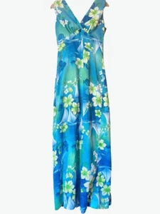 Vintage 70s Dress HAWAIIAN Floral Aloha Maxi Dress Small Medium Blue Sailboats - Picture 1 of 6