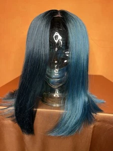 Synthetic Wig Ombre Hair Straight Bob Wig-SapphireBlue /Black lace Front - Picture 1 of 17