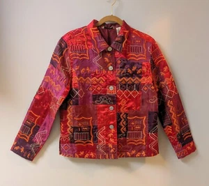French Laundry Red Embroidered Patchwork Satin Jacket Shell Buttons Size M - Picture 1 of 9