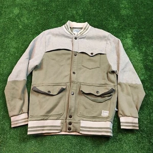 Varsity Jacket Mens Medium Cardigan Button Up Beige Chaki Adult Johny leave home - Picture 1 of 13