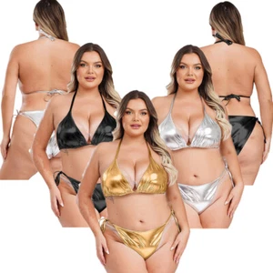 Damen Dessous Set 2-teilig Badeanzug Micro Bikini glänzend Übergröße Bademode BH - Bild 1 von 34