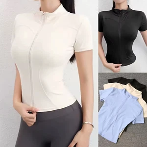 Womens Summer Slim Yoga Gym Top With zipper Running Coat BBL Body Top - Picture 1 of 19