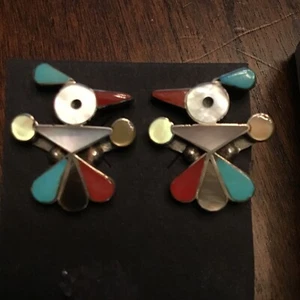Vtg Sterling Zuni Multi Stone Thunderbird Stud Earrings & Necklace Pendant - Picture 1 of 9