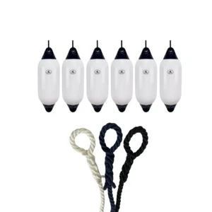 6 x HURRICANE Boat Fenders: White/ Blue PM03 - FREE SPLICED END 10MM ROPE - Picture 1 of 2