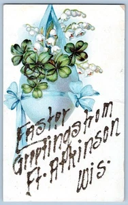 Postal antigua de mica brillante 1908 EASER SALUDOS de Fort Atkinson Wisconsin - Imagen 1 de 2