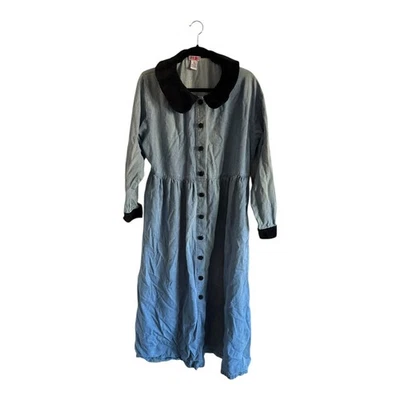 90s FADS Denim Shirt Dress XL Pockets Button Front Black Corduroy Collar Vintage - Image 1 of 4