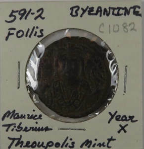 C1082 Turkey, Byzantine, AE Follis, Maurice Tiberius, 591-2 AD, Theoupolis Mt D - Picture 1 of 4