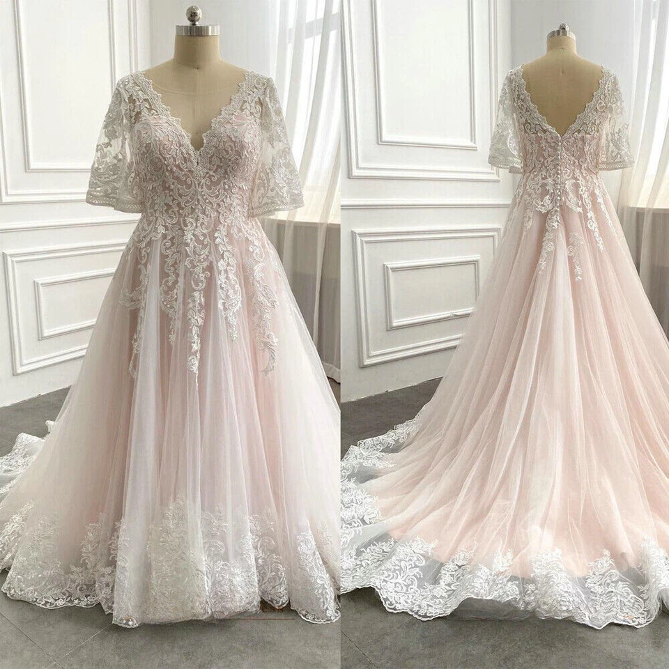 Vestidos de novia rosas talla grande medias mangas cuello en V apliques de encaje vestidos de novia Foto 1 de 4