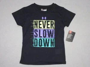 NWT Under Armour Girls Size 4 Black Tee T Shirt Never Slow Down Heat Gear - Picture 1 of 4