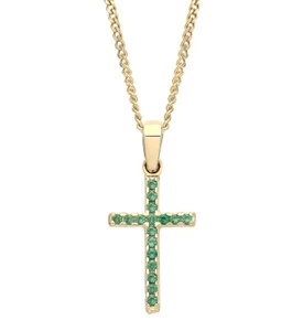 9ct Gold Emerald Cross REVERSIBLE Pendant Necklace + 18" Chain - Picture 1 of 7