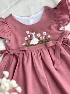 Custom Silly Goose in Garden Hand Embroidered Dress, Girls Soft Linen Dress - Picture 1 of 8