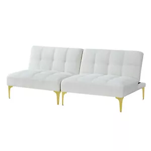 Convertible sofa bed futon with gold metal legs fabric (White) - Picture 1 of 7
