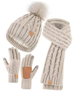 Womens Beanie Hat Scarf Gloves Set, Fleece Lined Winter Hat with Pom Oatmeal - Picture 1 of 8