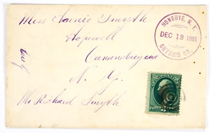 Honeoye, NY. Ontario Co 12. Dezember 1881 lila ausgefallene CDS, Zielscheiben-Krawatten 3c brandneu auf Einband - Bild 1 von 2