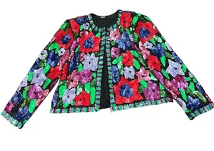 Silk Neon Sequin Floral Jacket Large Red Blue Purple Embellished Bolero Slim Fit - Picture 1 of 17