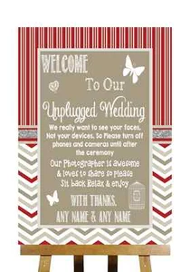 Letrero de boda personalizado rojo y gris invierno desenchufado sin teléfonos - Imagen 1 de 8
