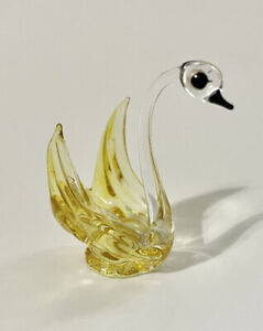 Miniature Hand Blown Art Glass Swan-Yellow Wings-  2 Inches-Lake