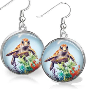 Sea Turtle Earrings Watercolor Art Print Sea Life Turtle Lovers Jewelry Gift - Picture 1 of 3