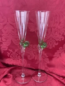 FLAWLESS Unique MURANO Art Glass Green Pair SNAIL Crystal CHAMPAGNE WINE FLUTES - Picture 1 of 9