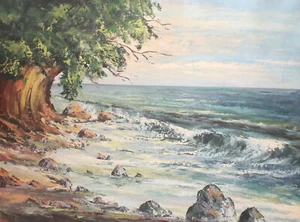 Contemporary realist landscape / seascape of trees on the coast - Picture 1 of 12