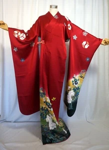 Japanischer Kimono SEIDE "FURISODE" Langarm, GLD-Faden/Blatt, BT, rot, L5'5"...3986 - Bild 1 von 14