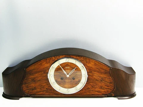 VERY LONG KIENZLE PURE  ART DECO  CHIMING MANTEL CLOCK  BLACK FOREST 2 WOODS Cover