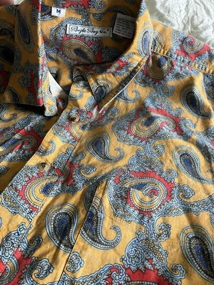 复古 90 年代 Bugle Boy 衬衫 M 黄色花卉佩斯利印花复古纽扣 — 第 1/4 张图片