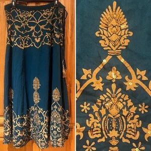 Weiche Umrandung Vintage Perlen Pailletten verziert Maxirock türkis gold Medium - Bild 1 von 16