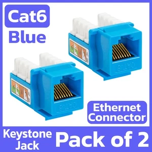 2 Pack Cat6 Keystone Jack Blue RJ45 Ethernet LAN Network 110 Punch Down Snap-in - Picture 1 of 6