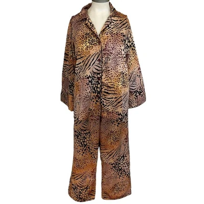 NATORI 2 pc leopard animal print silky lounge pajama pjs set crop pants top Sz S - Image 1 of 4