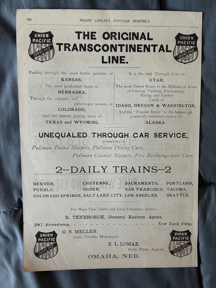 Антикварная винтажная оригинальная бумажная реклама железной дороги Union Pacific 1890 г. - Изображение 1 из 1