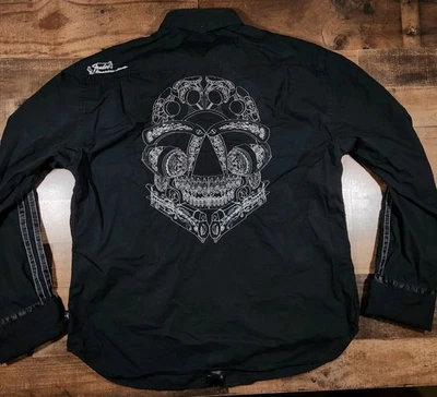 Fender Shirt Mens 2XL Black Y2K Skull Grunge Button Up Rock & Roll Religion - Image 1 of 4