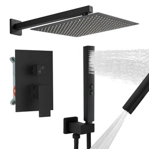 Matte Black Rainfall Shower System Fixture 12 Inch High Pressure Square Showe... - Picture 1 of 9