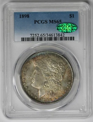 Серебряный Моргановский доллар 1898 $1 MS 65 PCGS CAC одобренный тон - Изображение 1 из 4