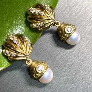 18K 14K Yellow Gold Diamond Pearl Removable Drop Day And Night Seashell Earrings - Picture 1 of 20