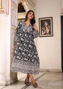 Schönes schwarzes Midikleid Damen Hand Blockdruck Baumwolle ausgestellt Handarbeit - Bild 1 von 6