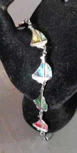 Vintage Multi Color Paua Shell Silver Tone Link Bracelet Ship Boat - Picture 1 of 3