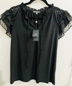 69 $ Adrianna Papell Damen Größe L Bluse schwarz mit Spitzenärmeln & Ausschnitt Oberteil - Bild 1 von 10