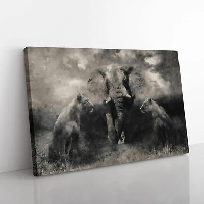 Elephant With Lions Canvas Wall Art Print Framed Picture Home Decor Living Room - Image 1 of 4