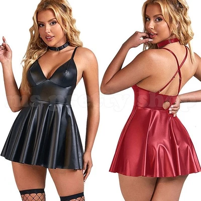 Leather A-line Mini Dress PU Pleated Adjustable Cami Backless Strappy Choker - Image 1 of 4